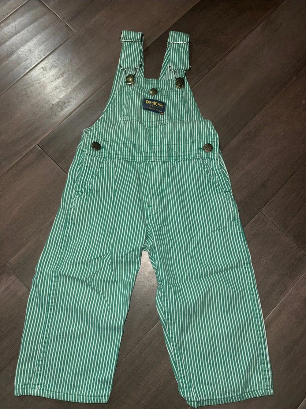 Vintage OshKosh B'Gosh Green & White Striped Overalls (Size 2T)